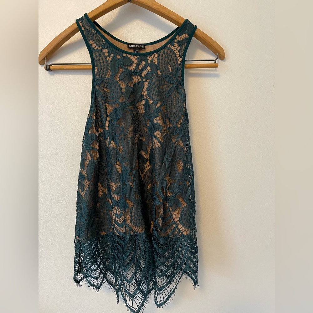 Express Forest Green Floral Lace Tank Top Tunic Medium Whimsigoth Boho